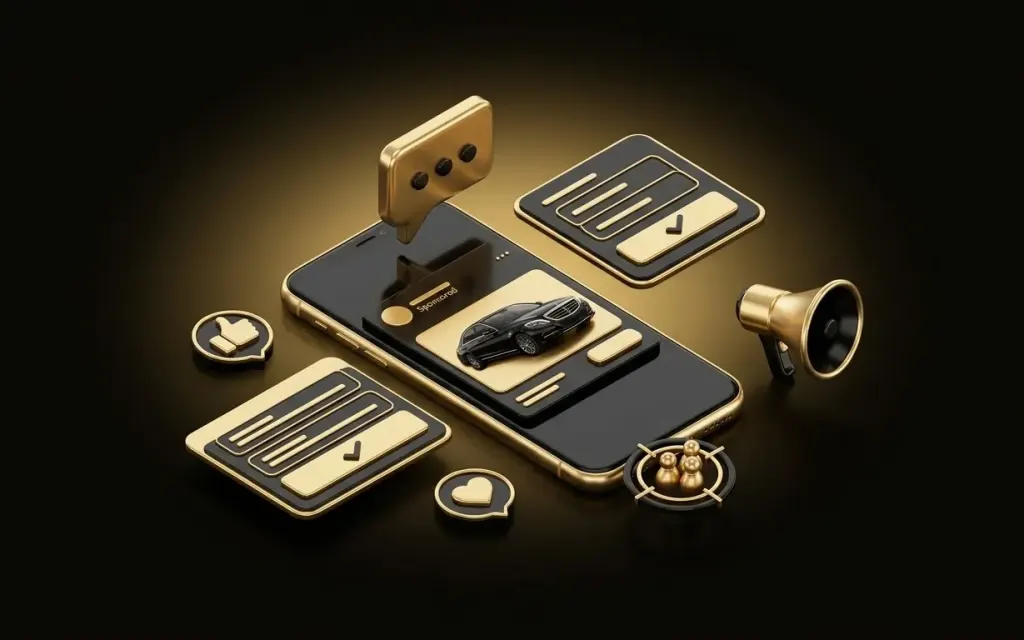 Minh hoạ 3D quảng cáo Facebook cho ô tô: điện thoại hiển thị bài quảng cáo xe, form để lại thông tin, tin nhắn và tệp khách hàng mục tiêu